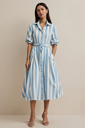 Striped A Line Blue Work Dress with Sash